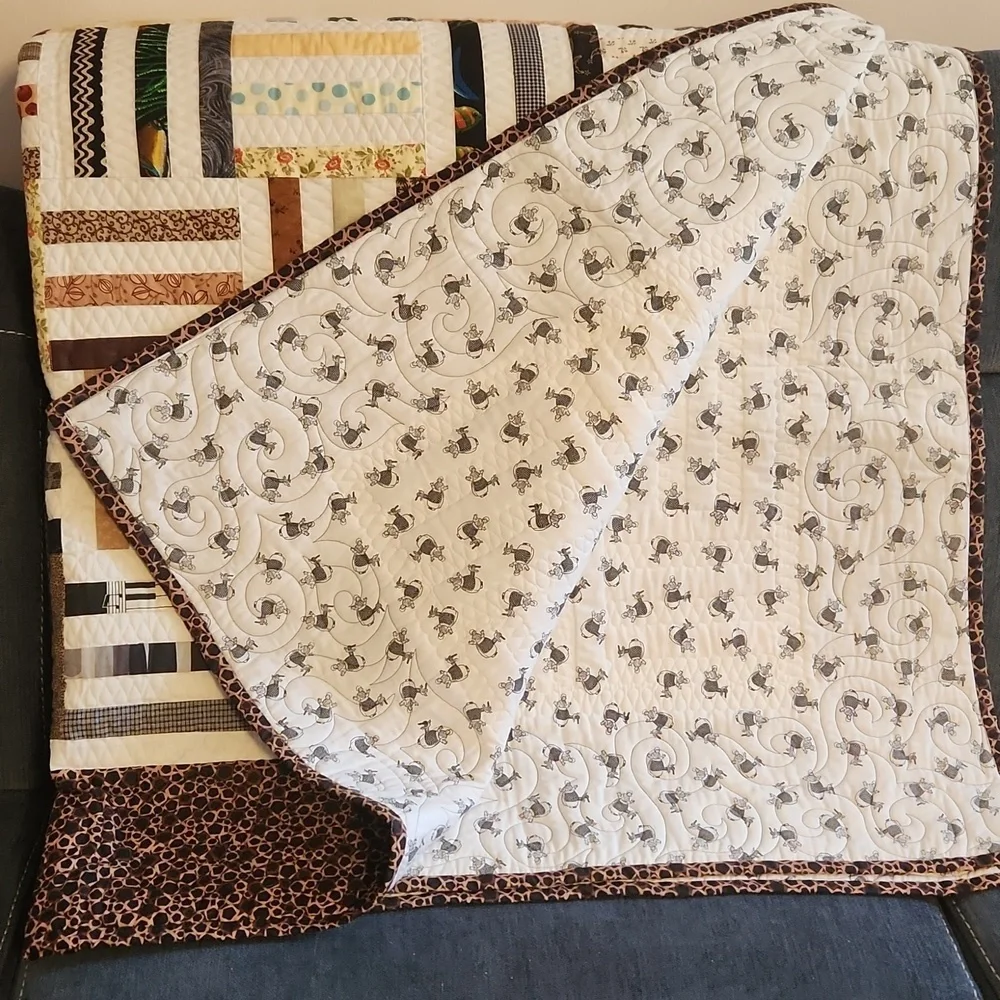 NWOT, Handmade Striped Patchwork Quilt with Brown Border sz 60.5